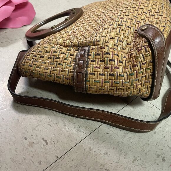 FOSSIL Brown Woven Wicker Handbag w/ Wooden Round‎ Handles Leather Trim Y2K Boho - Picture 11 of 16
